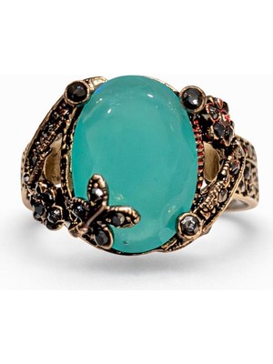 Turkuaz Oval Taşlı Bakır Kaplama Kadın Çelik Yüzük