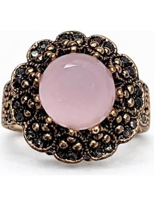 Pembe Taş Detaylı Bakır Kaplama Kadın Çelik Yüzük