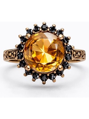 Sarı Taşlı Vintage Bakır Kaplama Kadın Çelik Yüzük