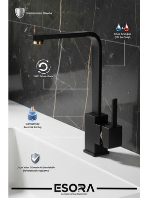 Esora Siyah Gold Kare Mutfak Musluğu - Lüks Tasarım Paslanmaz Eviye Bataryası (Yerli Üretim)