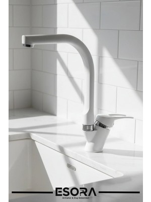 Esora Beyaz Balık Sırtı Mix Mutfak Bataryası Çift Su Girişli Çeşme Eviye Bataryası Mutfak Çeşmesi