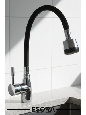 Esora 2 Fonksiyonlu Siyah Oynar Borulu Mutfak Eviye Bataryası Musluğu Çeşmesi