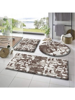 Leaf Shop Carpet 3'lü Banyo Paspası Desenli Peluş Banyo Halısı Peluş Desenli Krem Rengi Banyo Paspası