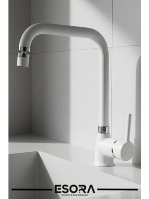 Esora Beyaz Krom Oynar Başlıklı Armut Lüx Köşe Eviye Bataryası Çeşmesi
