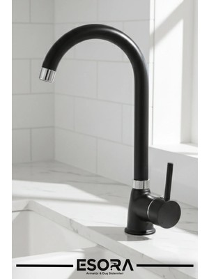 Esora Siyah Baston Borulu Delta Mutfak Bataryası Musluğu Eviye Bataryası Çift Su Girişli 2 Yıl Garantili