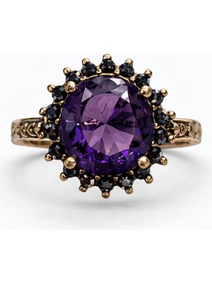 Mor Taşlı Vintage Bakır Kaplama Kadın Çelik Yüzük