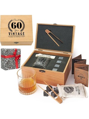 Leaf Shop Yaş Tasarımlı Ahşap Kutulu Tekli Glasgow Viski Kadeh Seti + 4 Soğutucu Taş Seti