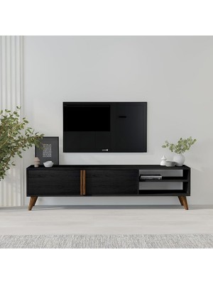 Leaf Shop Dolaplı, Raflı Tv Sehpası, Oturma Odası Tv Ünitesi, Ahşap Siyah