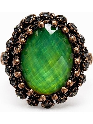 Yeşil Taşlı Bakır Kaplama Vintage Kadın Çelik Yüzük