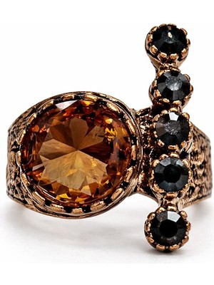 Kehribar-Siyah Taş Detaylı Bakır Kaplama Kadın Çelik Yüzük