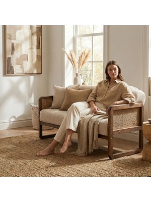 Aryaves Hazeran Jüt Bohem Ikili Kanepe Ceviz Ahşap, Sütlü Kahve