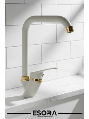 Esora Beyaz Gold Lüx Mutfak Eviye Prime Kalite Musluk Batarya Çeşmesi