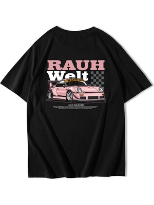 Brz Collection Oversize Siyah Unisex Rauh Welt Porsche Arka Baskılı T-Shirt