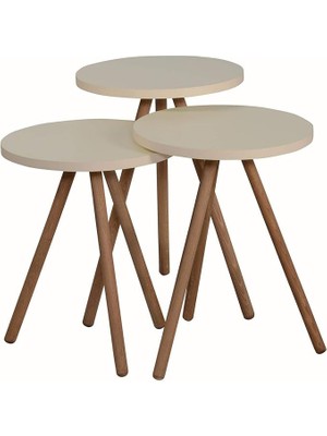 Leaf Shop Renkli Üçlü Zigon Sehpa Ahşap Ayaklı Yuvarlak Pastel Tasarım Krem