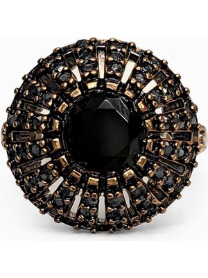 Siyah Taşlı Bakır Kaplama Gösterişli Kadın Çelik Yüzük