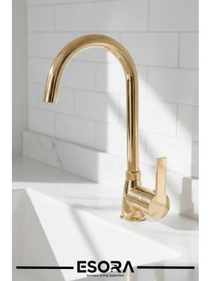 Esora Full Gold Eviye Bataryası Musluğu Çeşmesi Çift Su Girişli