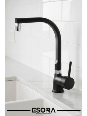 Esora Siyah Balık Sırtı Delta Mutfak Bataryası Oynar Başlıklı Mutfak Musluğu Çift Su Girişli 2 Yıl Garanti