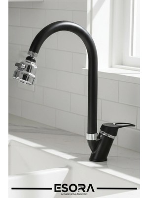 Esora Siyah Krom Mix Mutfak Bataryası Oynar Başlıklı Mutfak Musluğu Eviye Bataryası Çift Su Girişli