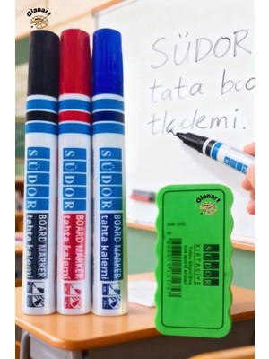 Glanart 3 Renk Tahta Kalemi ve Mıknatıslı  Tahta Silgisi Bordmarker 1 Set Südor