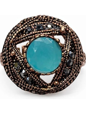 Turkuaz Taşlı Bakır Kaplama Kadın Çelik Yüzük