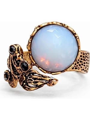 Opal-Siyah Taş Detaylı Bakır Kaplama Kadın Çelik Yüzük