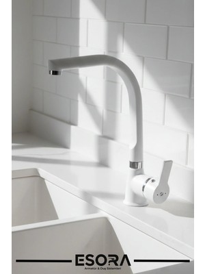 Esora Beyaz Balık Sırtı Krom Delta Eviye Bataryası Mutfak Bataryası Çift Su Girişli 2 Yıl Garantili