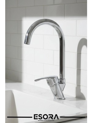 Esora Baston Borulu Modern Krom Kaplama Çift Fonksiyonlu Mutfak Eviye Bataryası