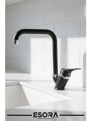 Esora Siyah Krom Köşe Borulu Mutfak Eviye Bataryası Çeşmesi Musluğu Çift Su Girişli