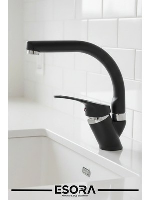 Esora Siyah Balık Sırtı Mix Mutfak Bataryası Filtreli Mutfak Musluğu Eviye Bataryası Çift Su Girişli