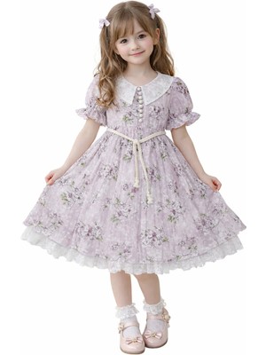 Kız Çocuk Önü Düğme Kapamalı Güpürlü Beli Kuşaklı Simli Şifon Midi Boy Elbise