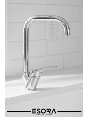 Esora Köşe Borulu Mutfak Eviye Bataryası Çeşmesi Musluğu Çift Su Girişli