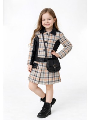 Bubiee Baby Kız Çocuk Deri Detaylı Ekose Ceket Etek Takım ve Çanta Hediyeli 3'lü Takım