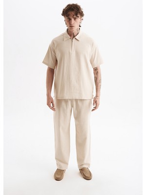 Danger Erkek %100 Pamuklu Keten Görünümlü Pantolon Tshirt Takım Bej