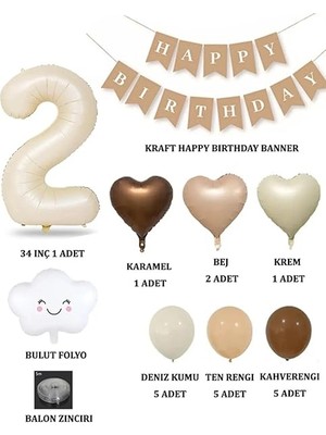 Misda Store Winky 2 Yaş Retro Doğum Günü Seti; Krem Rakam Folyo, Banner, Kalp Folyo Balon Zincir Seti 2
