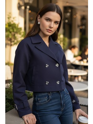 Mandala Tekstil Kadın Crop Kruvaze Düğmeli Cepli Cool Trençkot