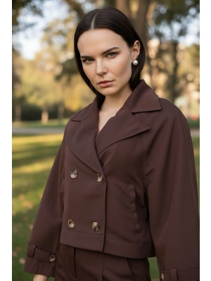 Mandala Tekstil Kadın Crop Kruvaze Düğmeli Cepli Cool Trençkot