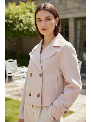 Mandala Tekstil Kadın Crop Kruvaze Düğmeli Cepli Cool Trençkot