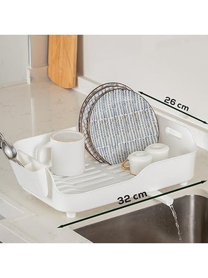 Misda Store AKL-060 Beyaz Lüks Tabaklık Bulaşıklık-Yönlendirilebilir Su Akıtma Kanallı Bulaşık Sepeti-Kaşıklıklı