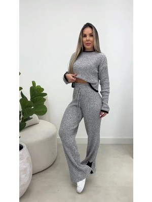 Nidam Butik Kadın Uzun Kollu Bisiklet Yaka Kısa Trıko Bluz ve Pantolon Ikili Takım