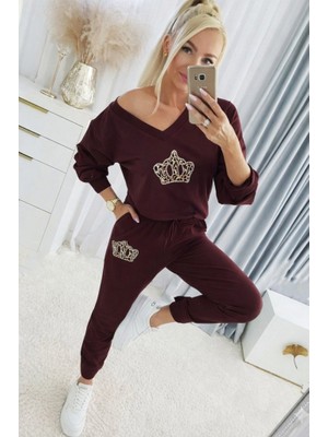 Nidam Butik Kadın Uzun Kollu V Yakalı Desenli Viskon Iki Iplik Bluz ve Pantolon Ikili Takım