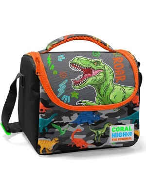 Misda Store High Siyah Turuncu Yeşil Dinazor Baskılı Erkek Çocuk Beslenme Çantası