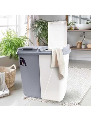 Leaf Shop Plastik Violet 90 Litre Çift Gözlü Çamaşır Sepeti Gri-Beyaz