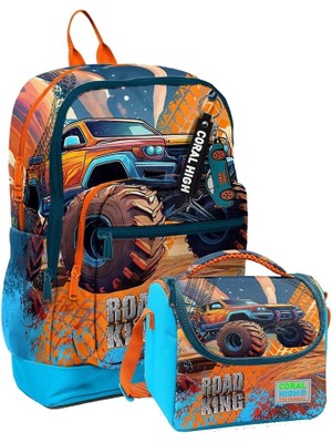 Leaf Shop High Erkek Çocuklar Için Dayanıklı Ikili Ilk Okul Çanta Seti - Mavi Turuncu Arazi Aracı