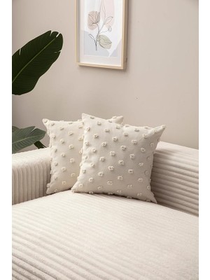 Misda Store Ikili Dekoratif Puantiye Keten Kumaşlı Kırlent Kılıfı 43X43 Beyaz Krem 43 x 43 SWITANM95