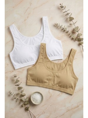 Underwear Bodyway 2'li Set Kalın Askılı Pamuklu Penye Büstiyer - Telsiz Balensiz Yarım Atlet Sporcu ve Uyku Sütyeni - Büyük Beden