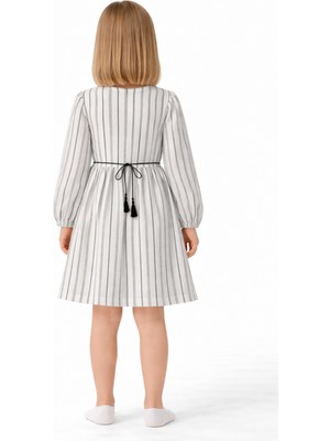 Trend Bebe Butik Kız Çocuk 3-12 Yaş Çizgili Elbise – Deri Cepli, Belden Bağcıklı Şık Model