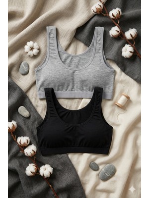 Underwear Bodyway 2'li Set Kalın Askılı Pamuklu Penye Büstiyer - Telsiz Balensiz Yarım Atlet Sporcu ve Uyku Sütyeni - Büyük Beden