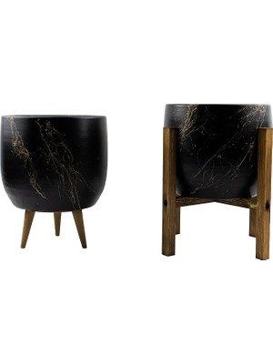 Leaf Shop Tasarımı Ev Dekorasyon Aksesuar Siyah Üzeri Gold Mermer Efektli Toprak Saksı Saksılık Salon Çiçeklik Ikili Set 3 Ayaklı- 4 Ayaklı- 19 cm