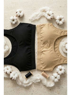 Underwear Bodyway 2'li Set Kalın Askılı Pamuklu Penye Büstiyer - Telsiz Balensiz Yarım Atlet Sporcu ve Uyku Sütyeni - Büyük Beden