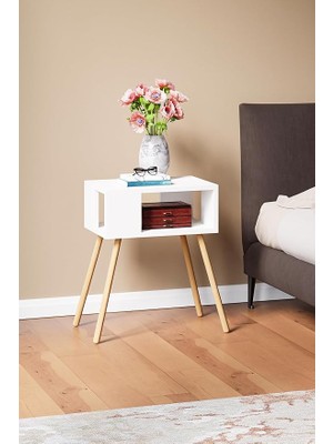 Leaf Shop Ahşap Ayaklı Dekoratif Raflı Komodin - Beyaz